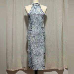 Roma Studio blue white acid wash denim midi body-con dress